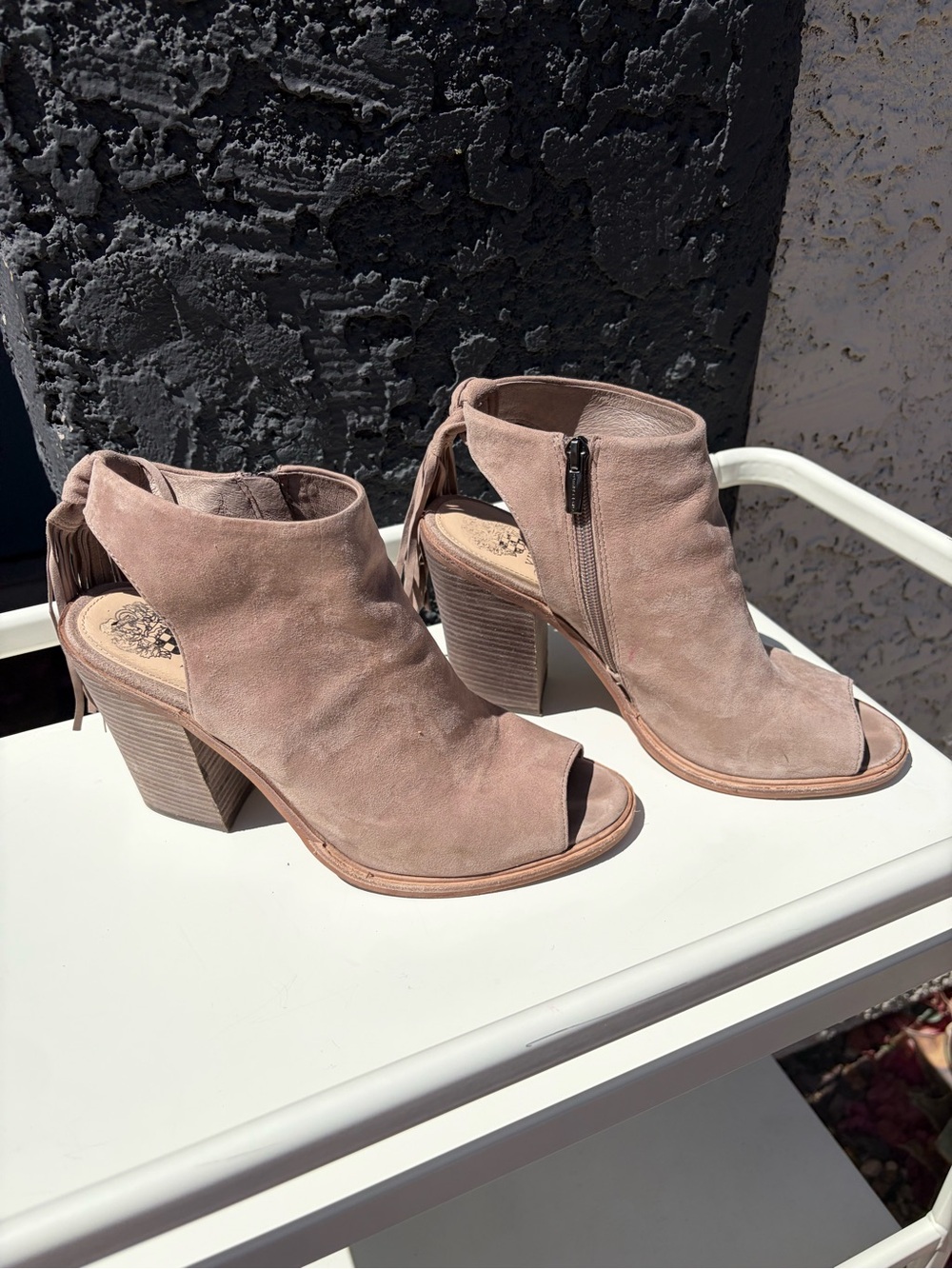 Vince Camuto Taupe Suede Open-Toe Block Heel Booties
